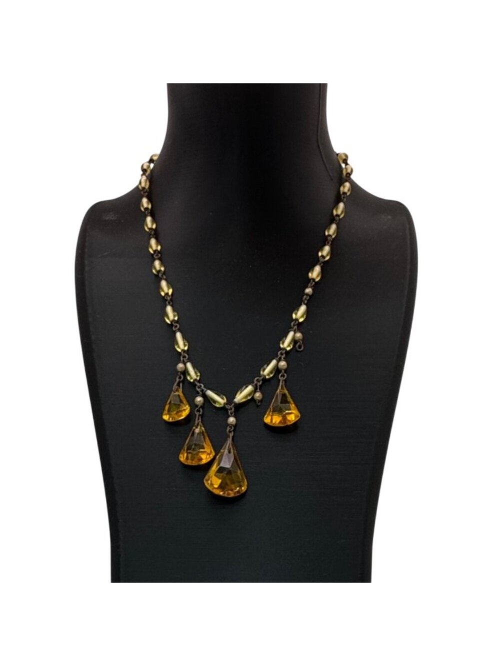 Vintage Czech Amber Glass Drop Pendant Necklace Yellow Beaded UV GLOWS 16" READ